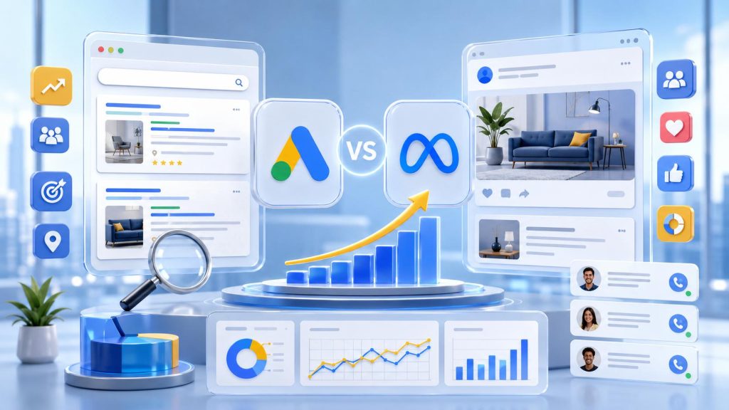 Digital marketing dashboard showing search ads, social media ads, lead enquiries, and campaign analytics