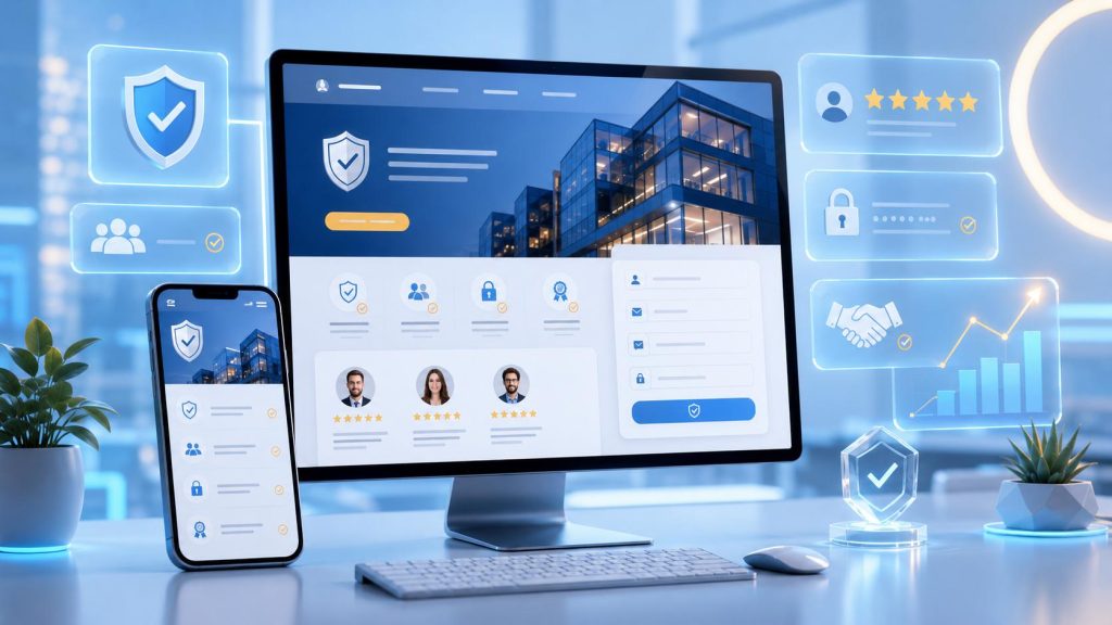 Professional business website with trust badges, review stars, and credibility elements shown on desktop and mobile screens