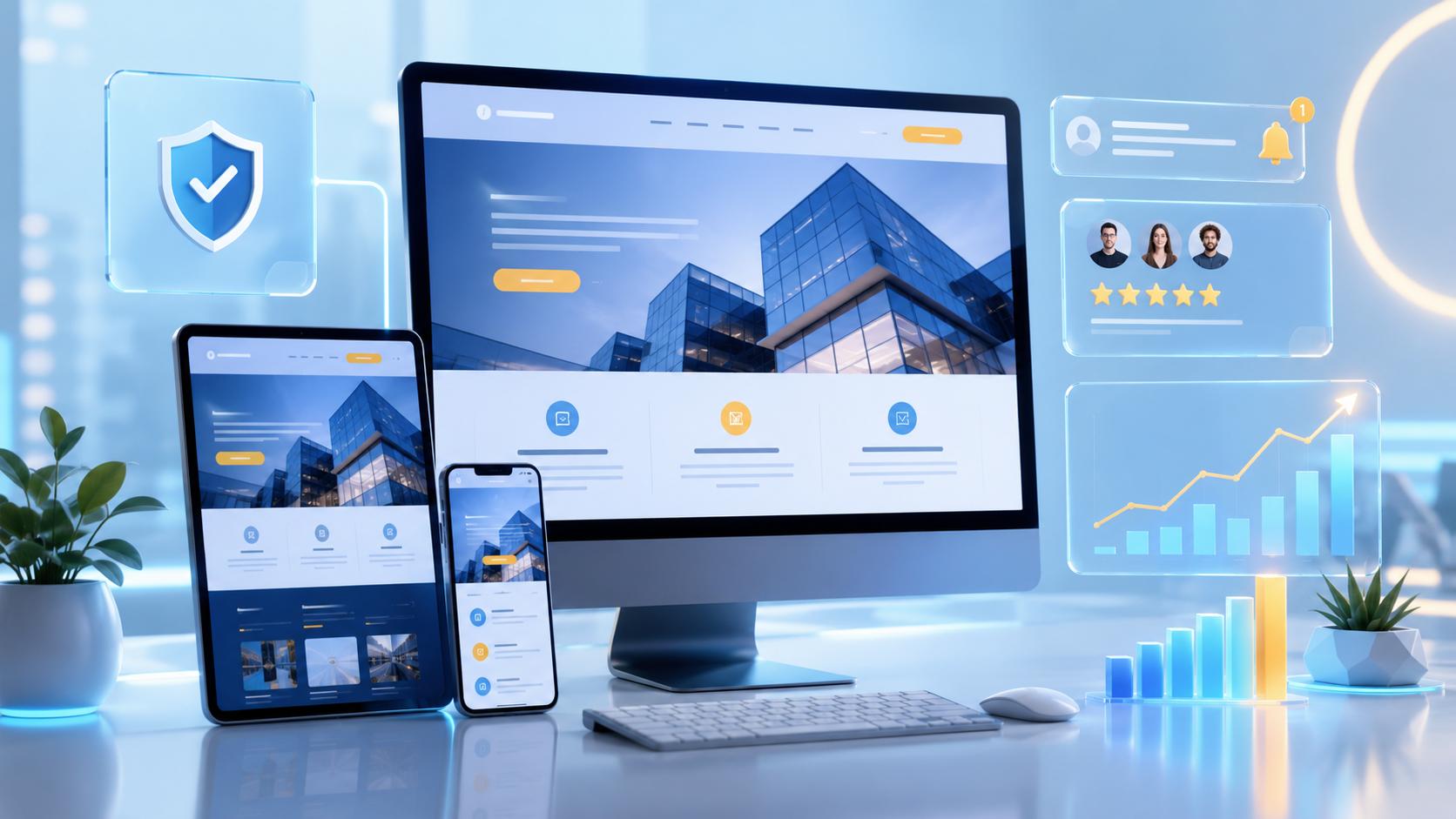 Modern responsive business website shown across desktop, tablet, and mobile screens with trust and growth elements